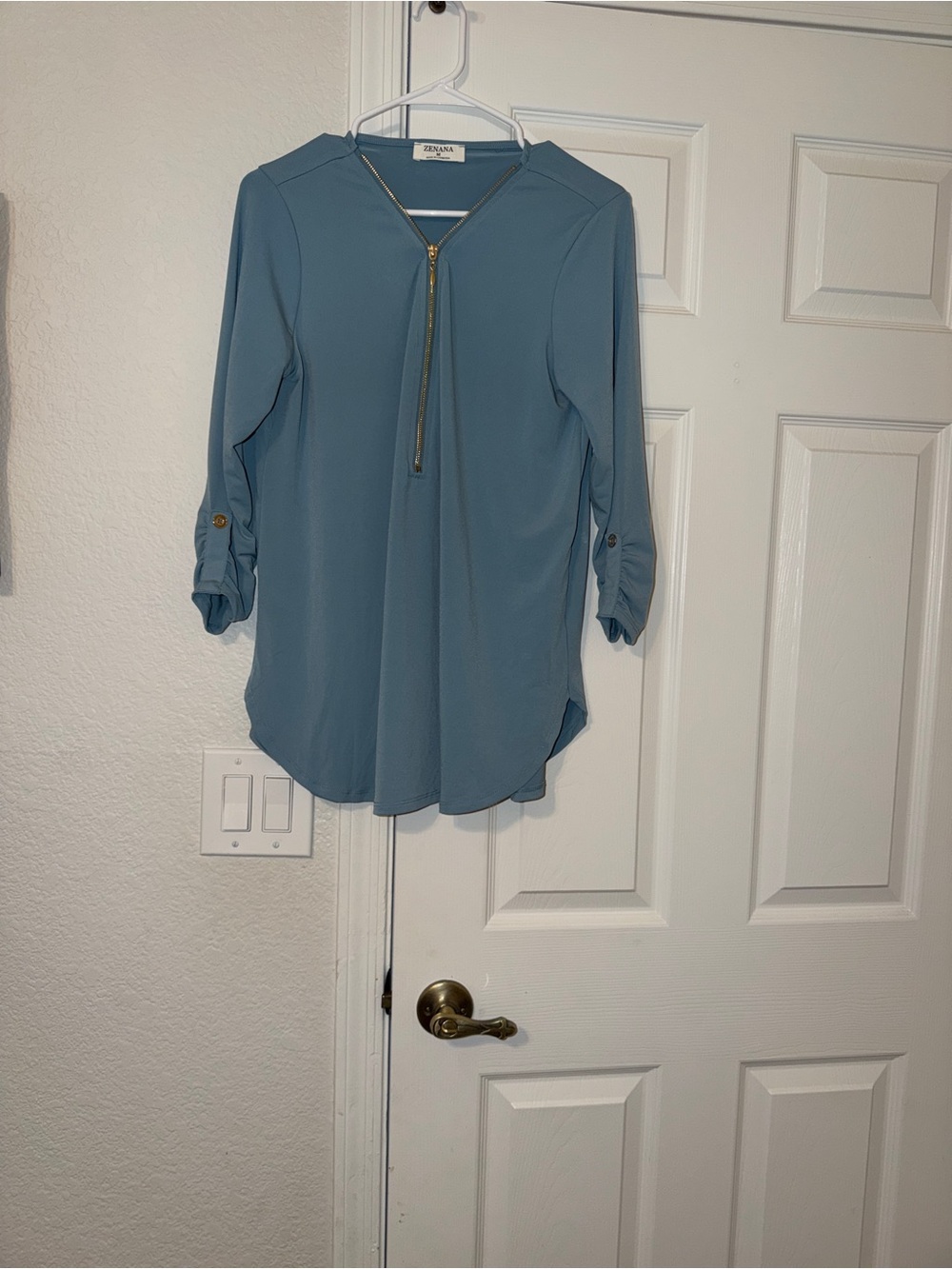 Zenana Half-Zip Roll-Sleeve Blouse - Dusty Blue